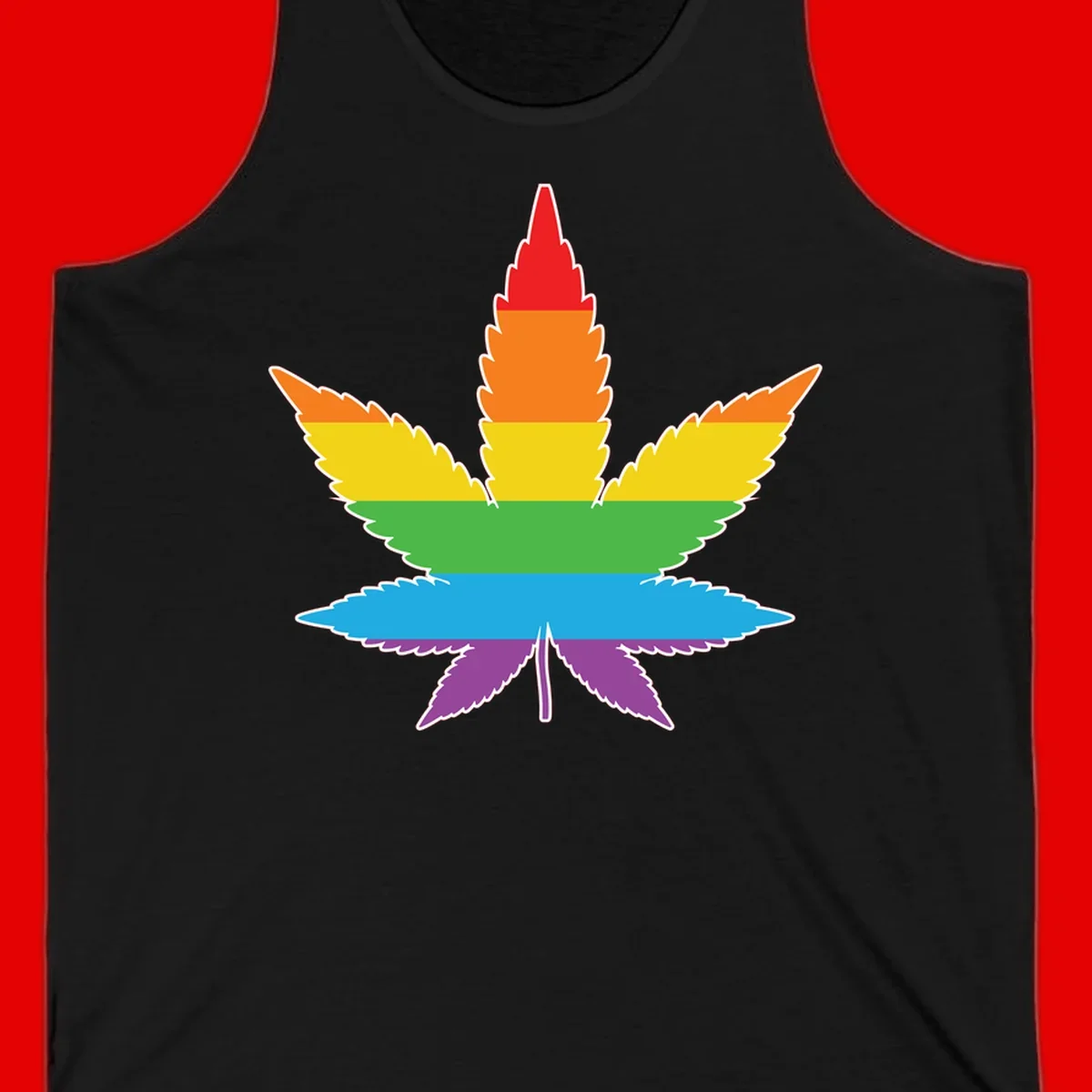 Rainbow-striped cannabis leaf with red, orange, yellow, green, blue, and purple horizontal bands and white outline