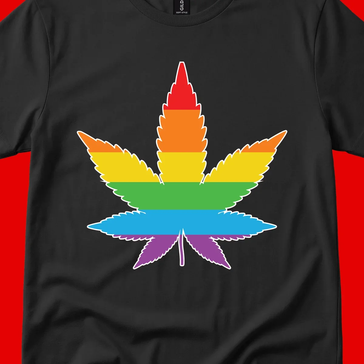 Rainbow-striped cannabis leaf with red, orange, yellow, green, blue, and purple horizontal bands and white outline