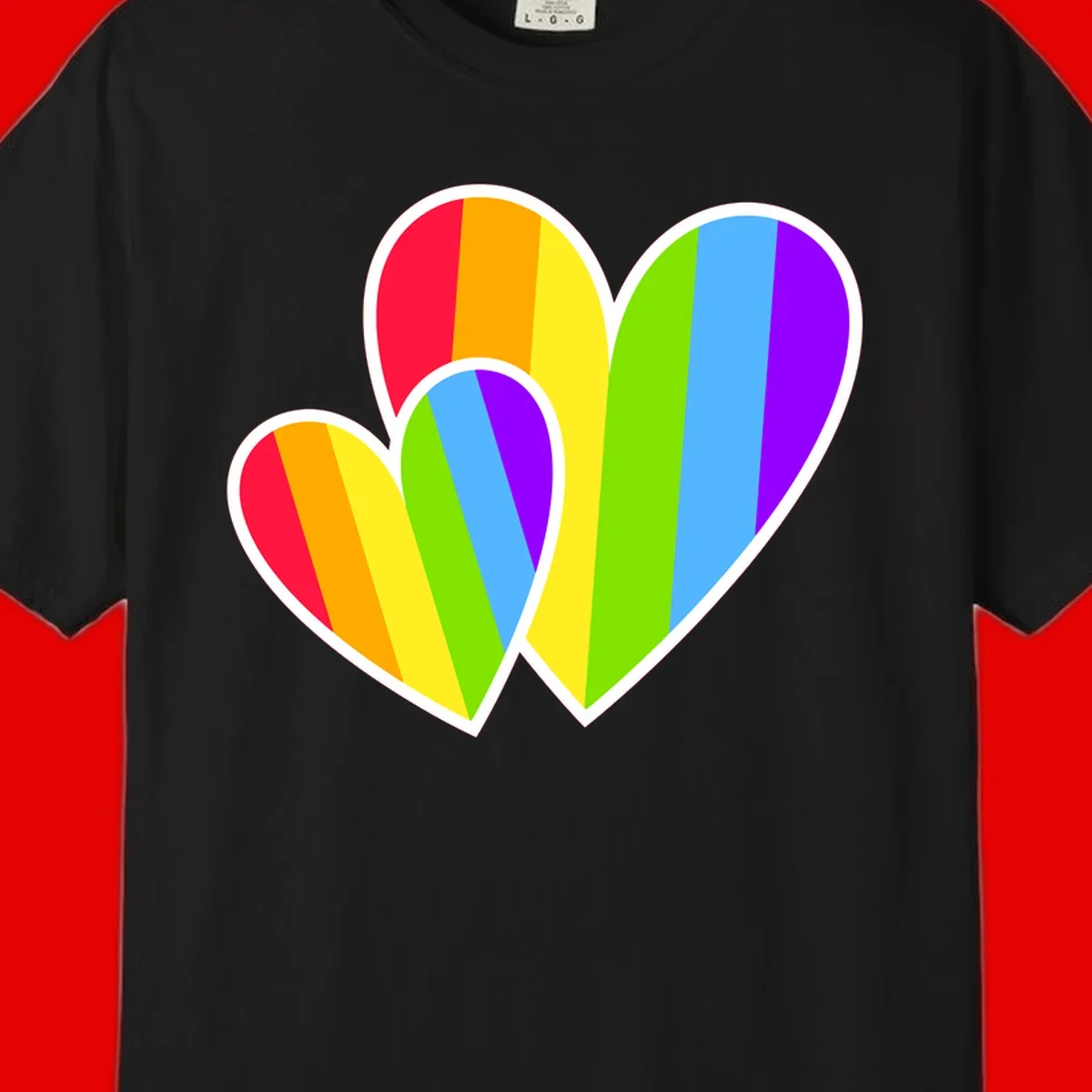 Three overlapping hearts with vertical rainbow stripes in pride colors: red, orange, yellow, green, blue, and purple with white borders
