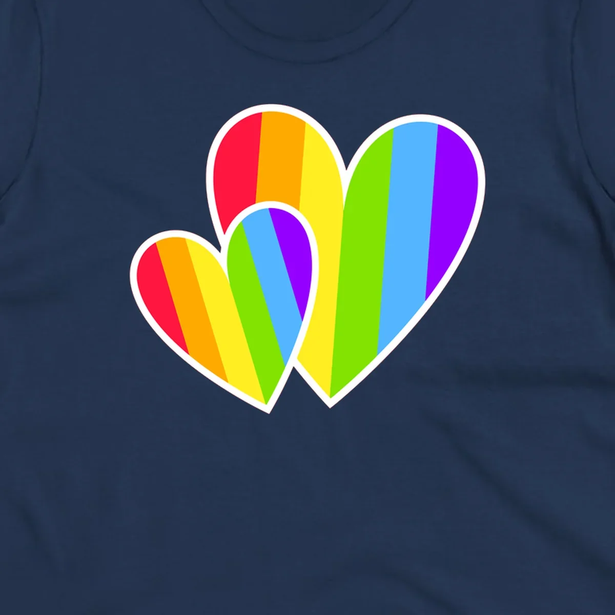 Three overlapping hearts with vertical rainbow stripes in pride colors: red, orange, yellow, green, blue, and purple with white borders