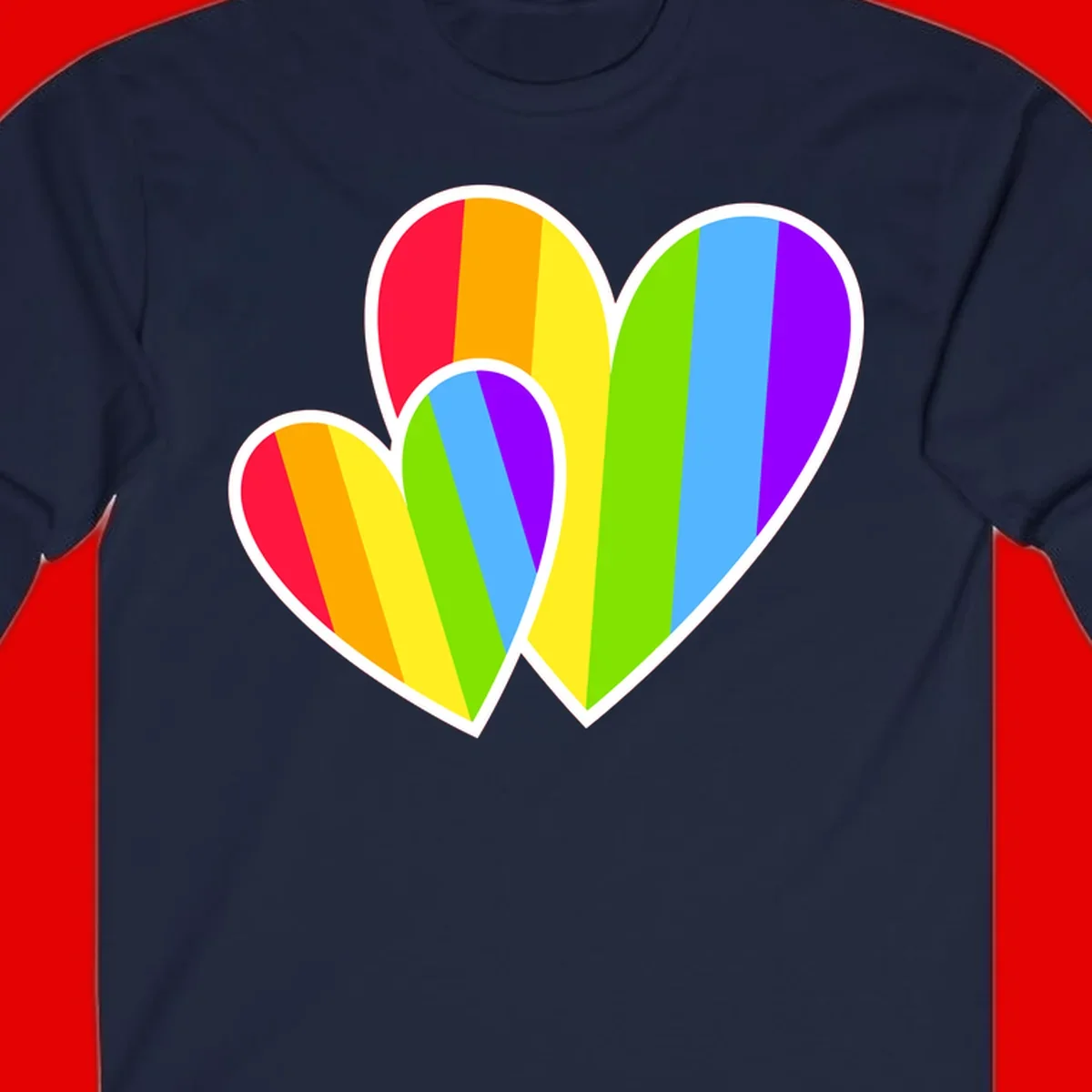Three overlapping hearts with vertical rainbow stripes in pride colors: red, orange, yellow, green, blue, and purple with white borders