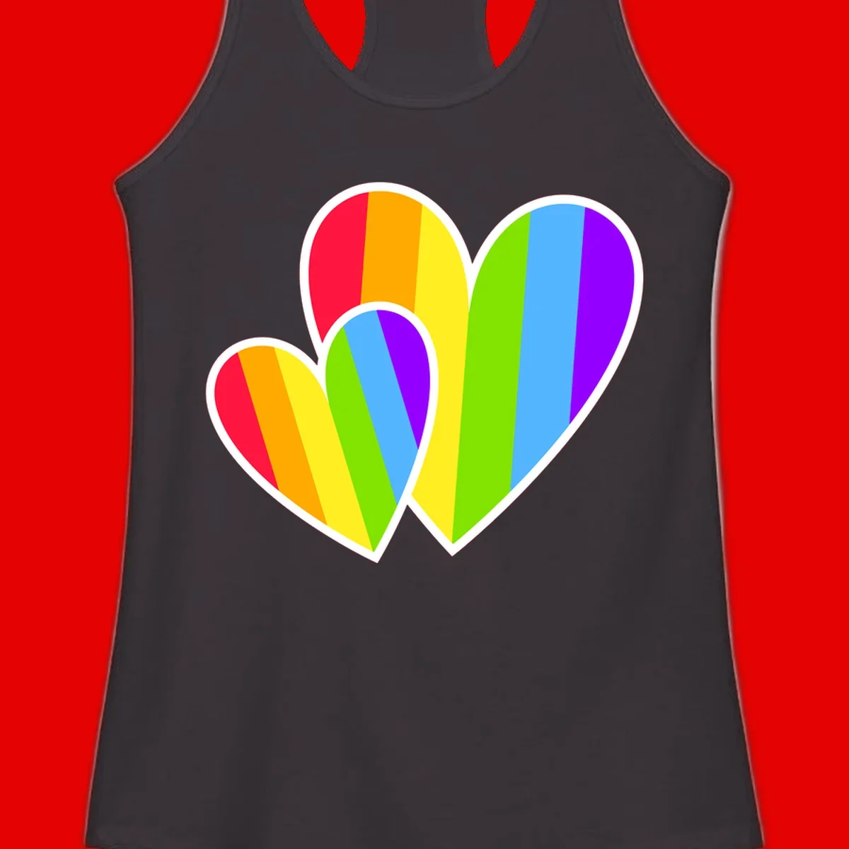 Three overlapping hearts with vertical rainbow stripes in pride colors: red, orange, yellow, green, blue, and purple with white borders