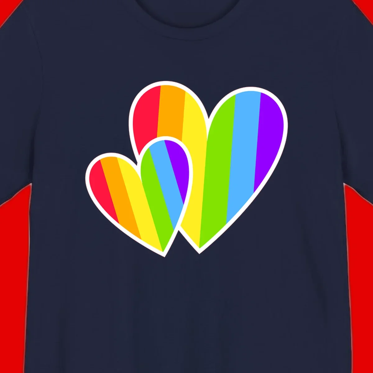 Three overlapping hearts with vertical rainbow stripes in pride colors: red, orange, yellow, green, blue, and purple with white borders