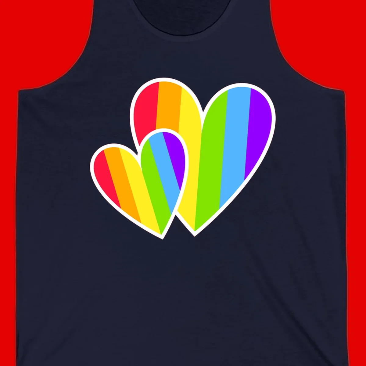 Three overlapping hearts with vertical rainbow stripes in pride colors: red, orange, yellow, green, blue, and purple with white borders