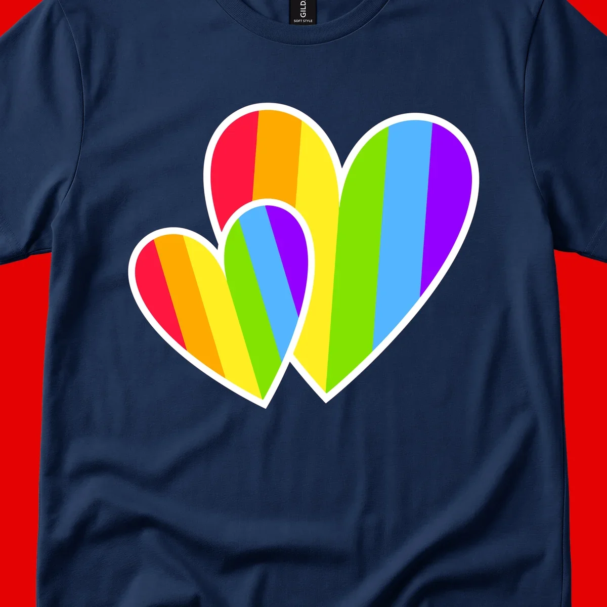 Three overlapping hearts with vertical rainbow stripes in pride colors: red, orange, yellow, green, blue, and purple with white borders
