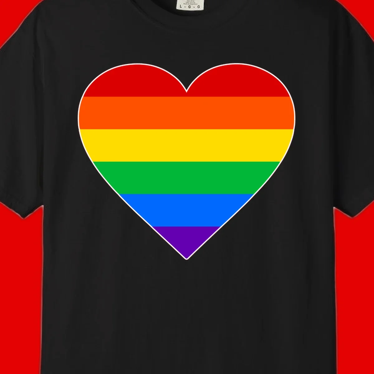 Rainbow pride heart with horizontal stripes in red, orange, yellow, green, blue, and purple colors on white outline