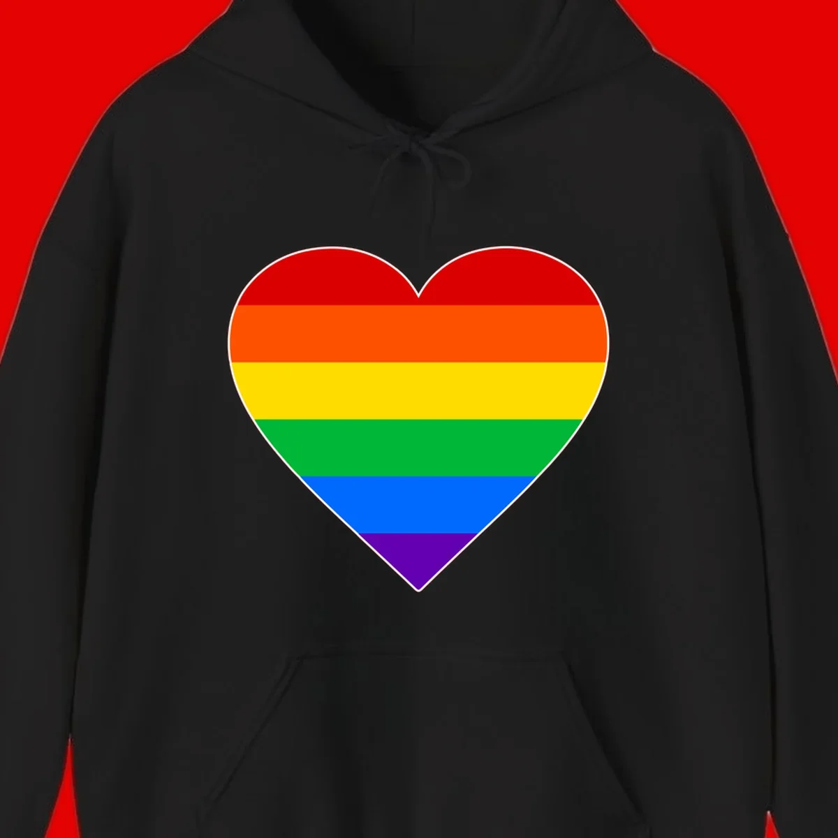 Rainbow pride heart with horizontal stripes in red, orange, yellow, green, blue, and purple colors on white outline