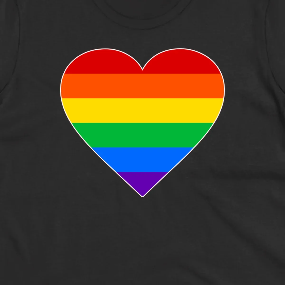 Rainbow pride heart with horizontal stripes in red, orange, yellow, green, blue, and purple colors on white outline