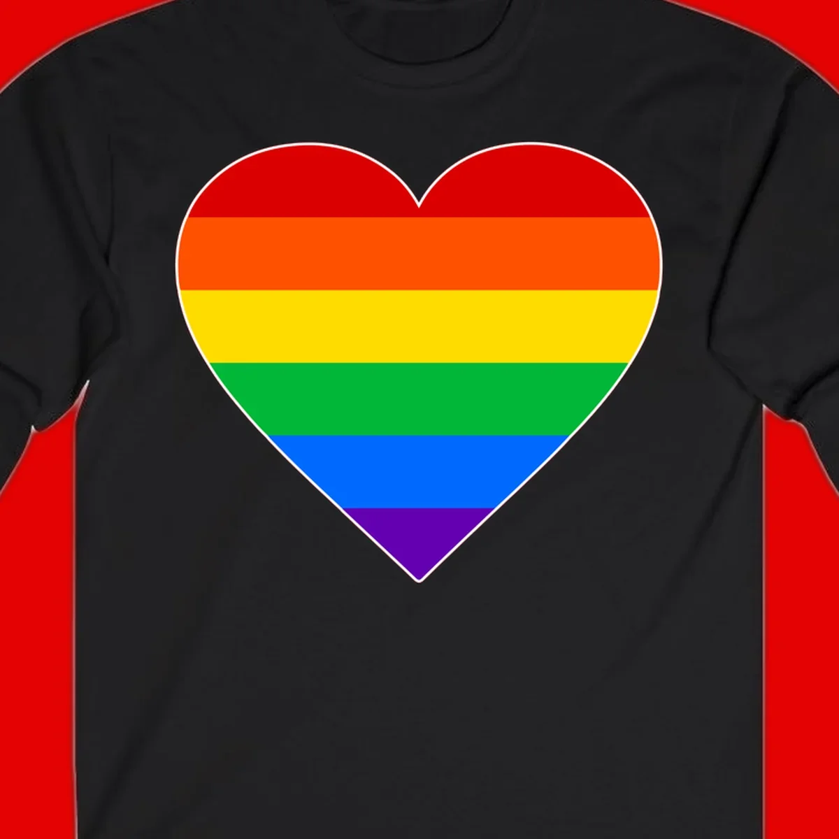 Rainbow pride heart with horizontal stripes in red, orange, yellow, green, blue, and purple colors on white outline