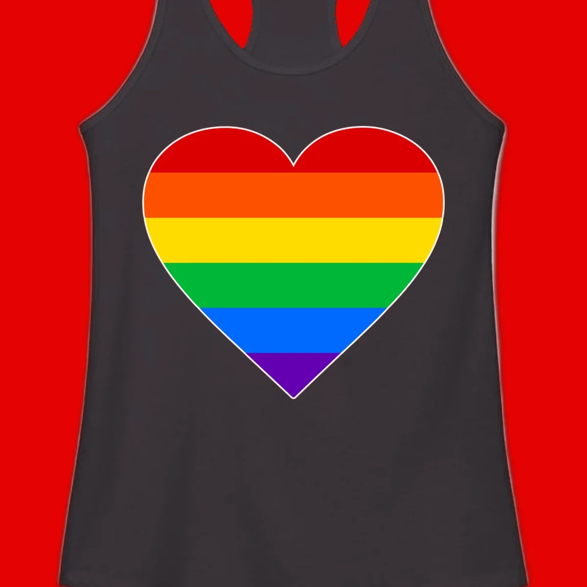 Rainbow pride heart with horizontal stripes in red, orange, yellow, green, blue, and purple colors on white outline