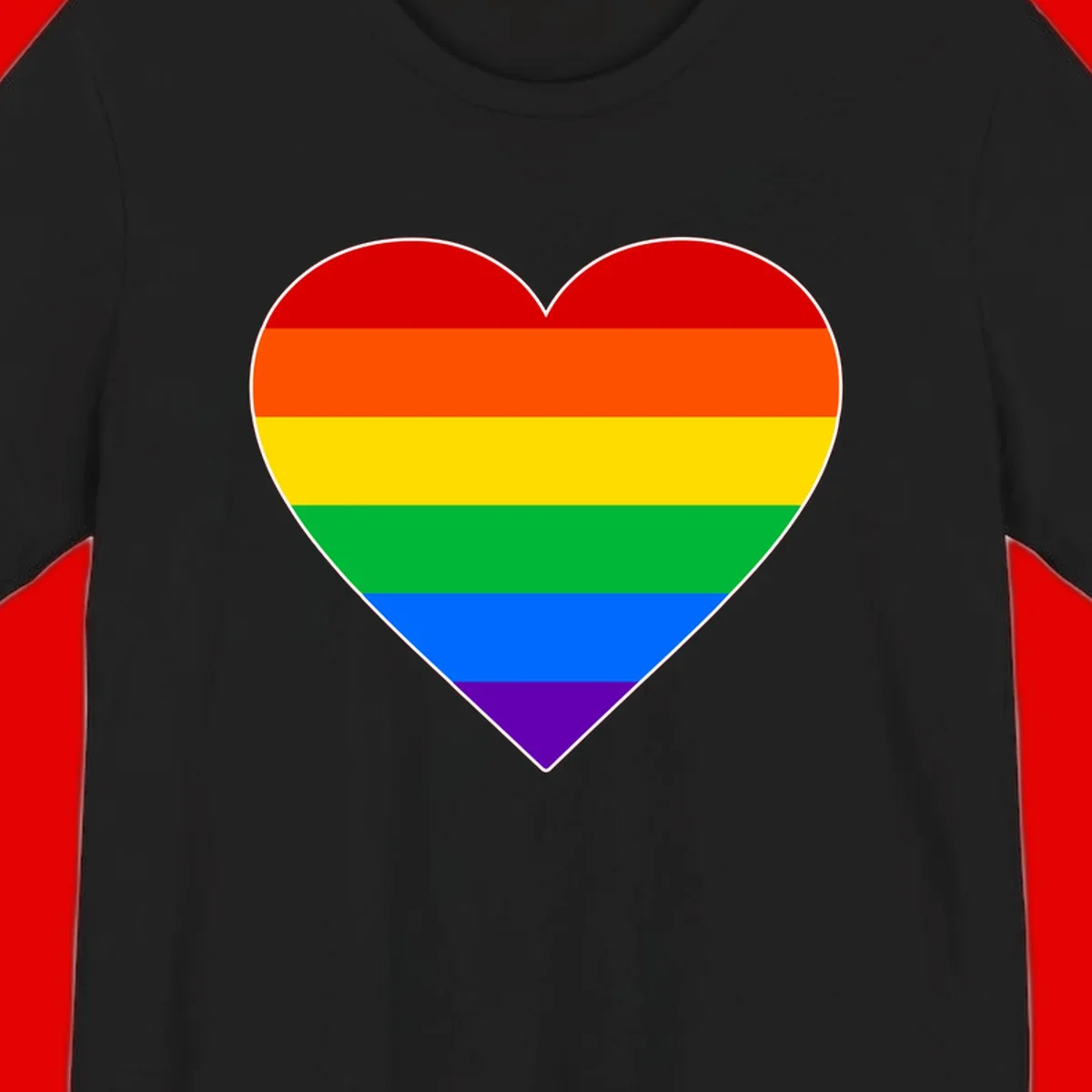 Rainbow pride heart with horizontal stripes in red, orange, yellow, green, blue, and purple colors on white outline