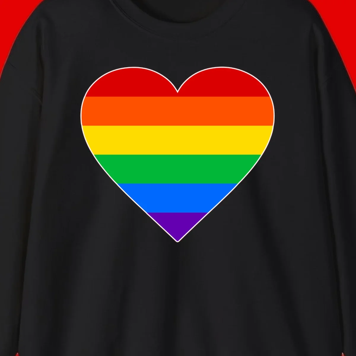 Rainbow pride heart with horizontal stripes in red, orange, yellow, green, blue, and purple colors on white outline