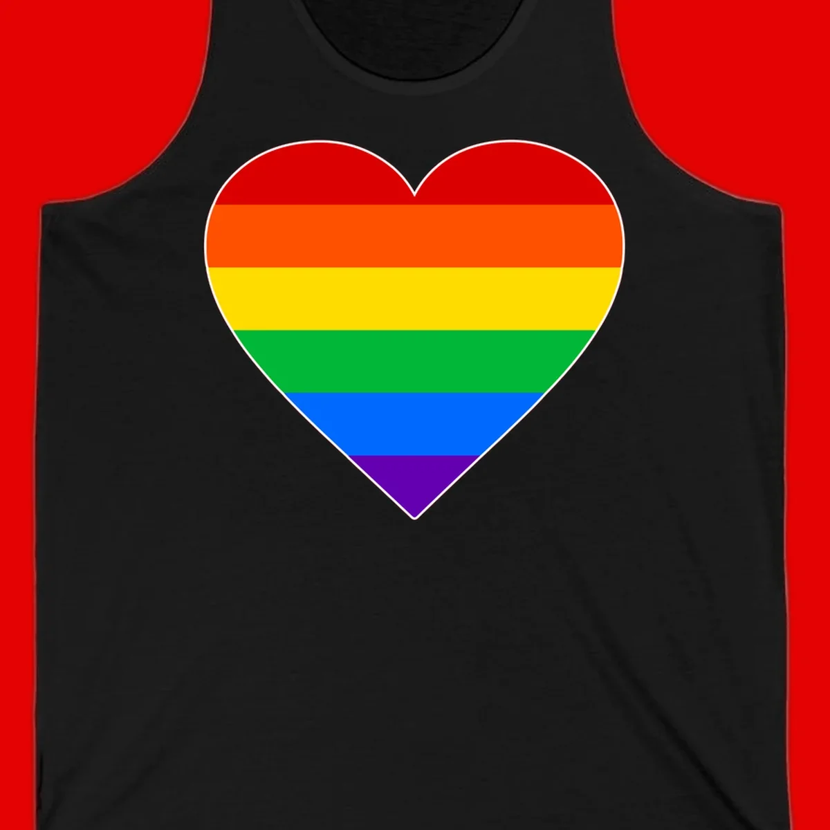 Rainbow pride heart with horizontal stripes in red, orange, yellow, green, blue, and purple colors on white outline