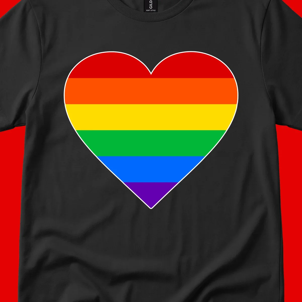 Rainbow pride heart with horizontal stripes in red, orange, yellow, green, blue, and purple colors on white outline