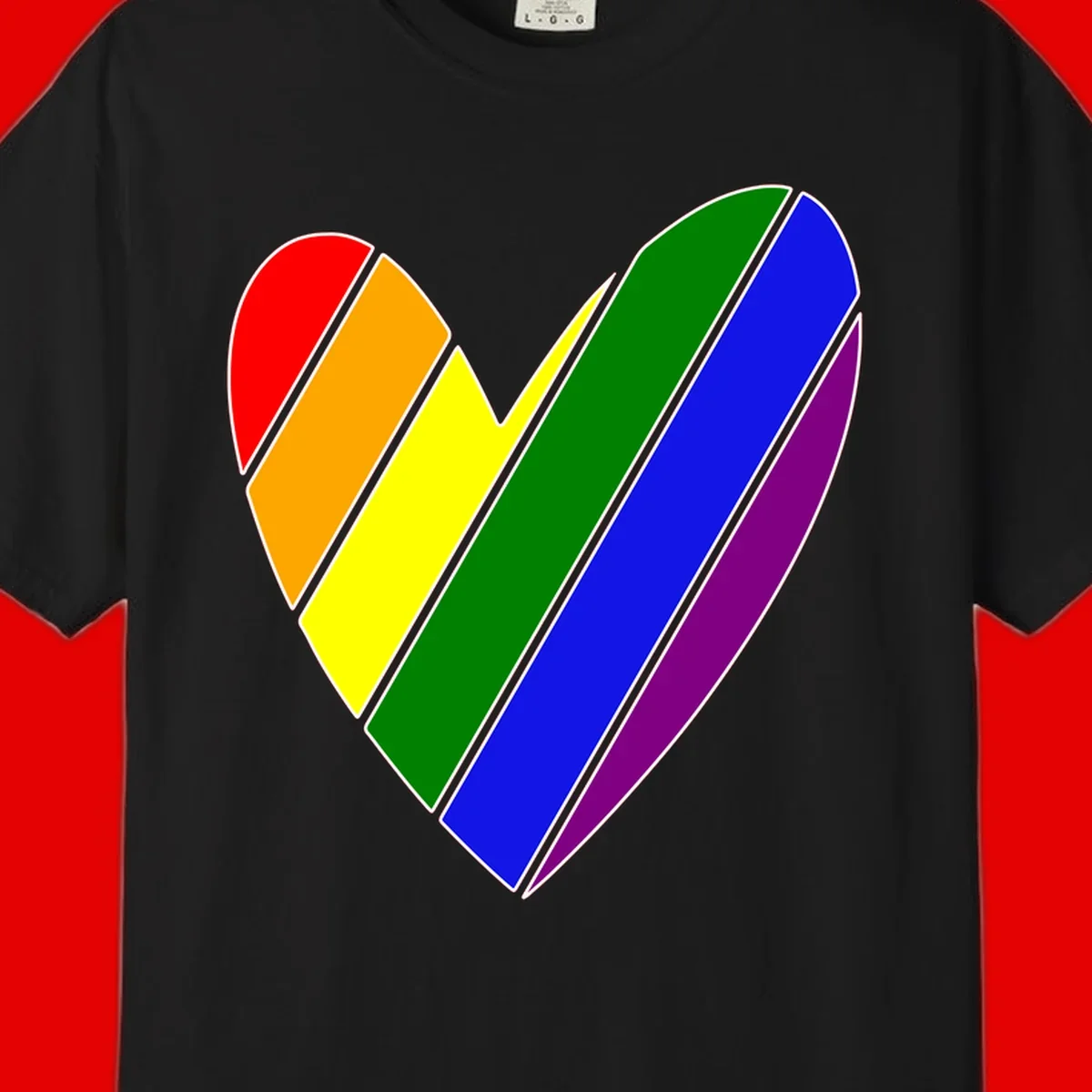 Rainbow pride heart made of diagonal chevron stripes in red, orange, yellow, green, blue, and purple colors with white outlines