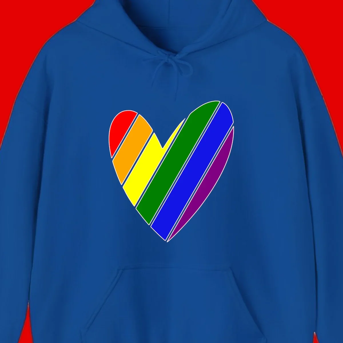Rainbow pride heart made of diagonal chevron stripes in red, orange, yellow, green, blue, and purple colors with white outlines