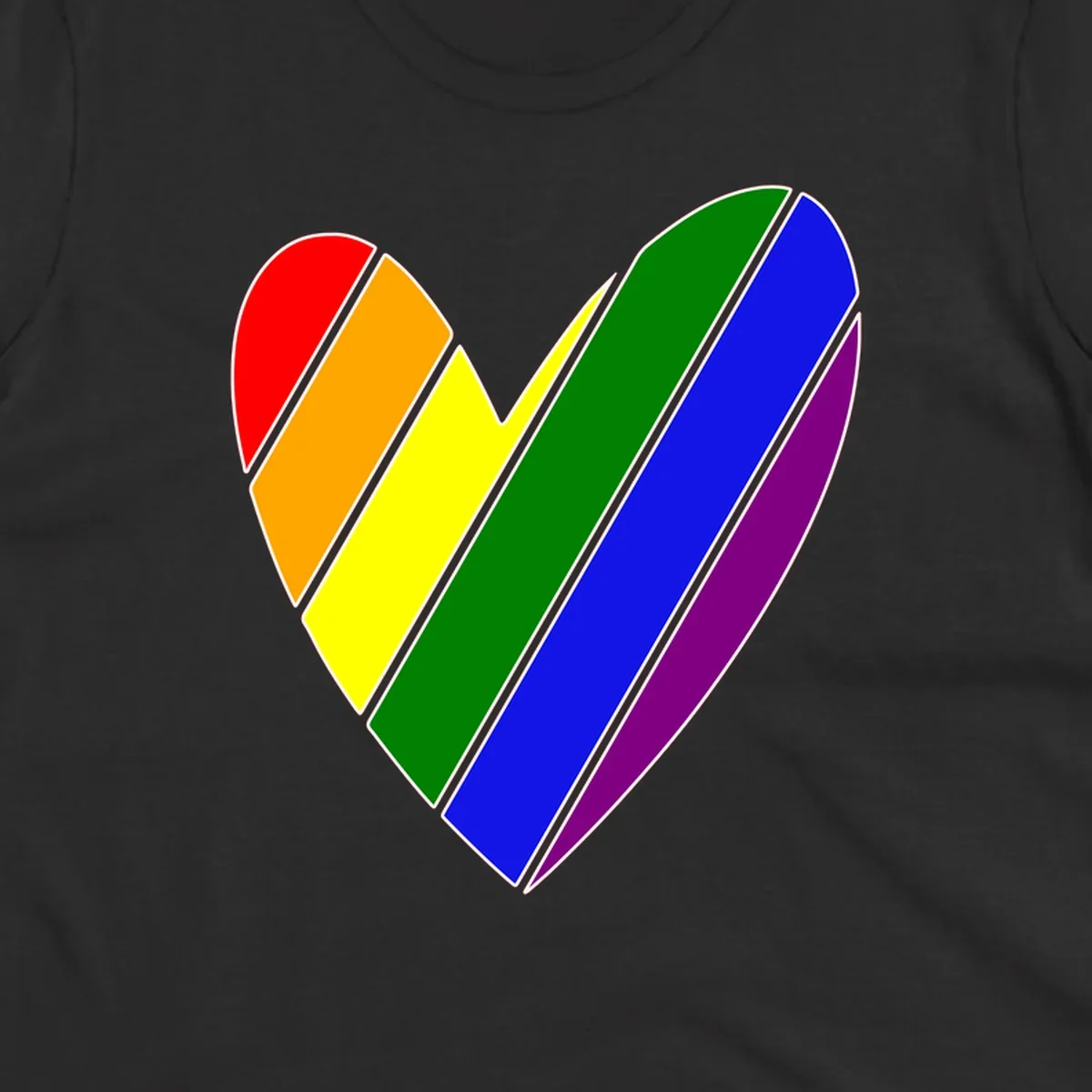 Rainbow pride heart made of diagonal chevron stripes in red, orange, yellow, green, blue, and purple colors with white outlines