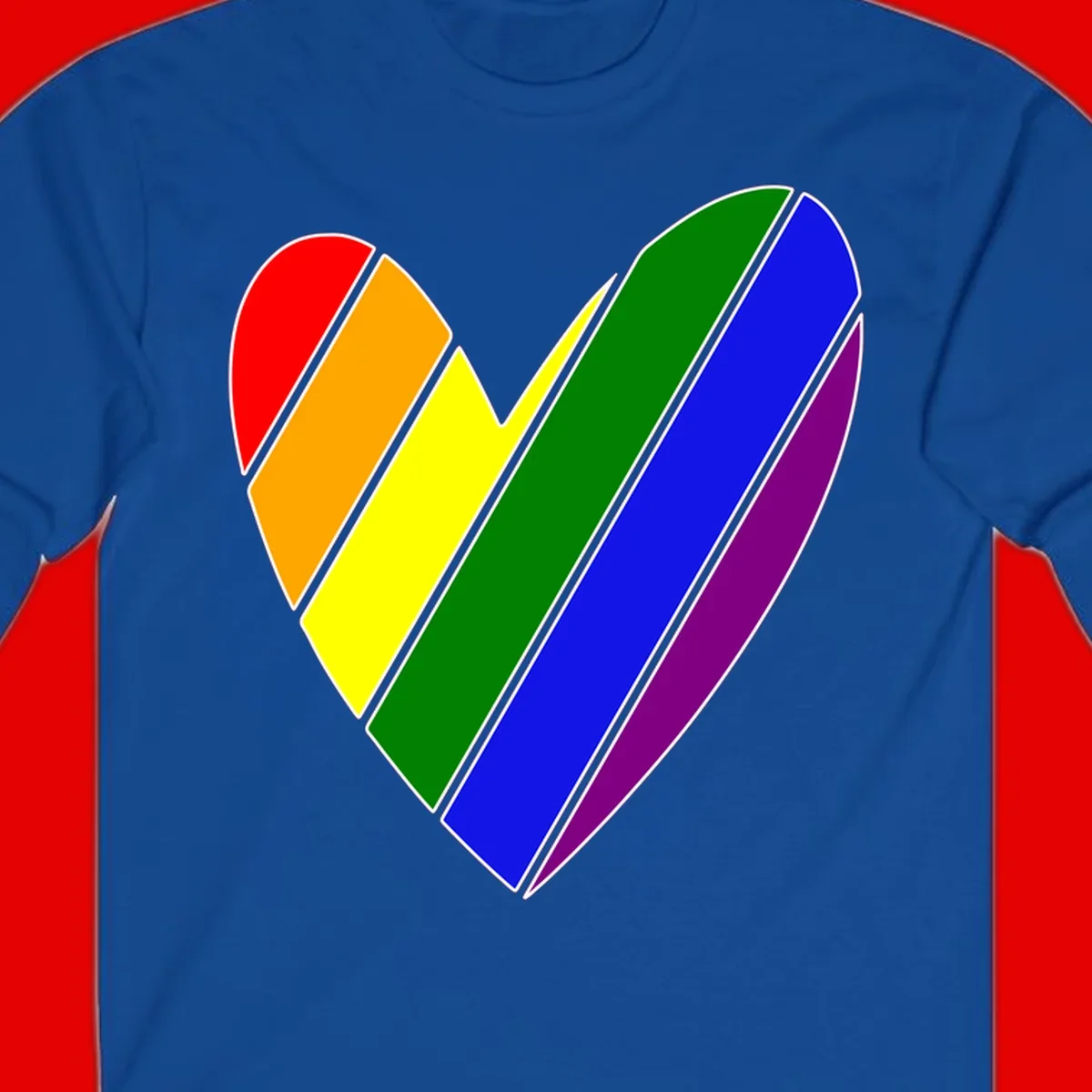 Rainbow pride heart made of diagonal chevron stripes in red, orange, yellow, green, blue, and purple colors with white outlines