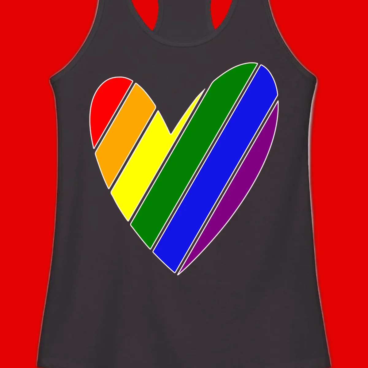 Rainbow pride heart made of diagonal chevron stripes in red, orange, yellow, green, blue, and purple colors with white outlines