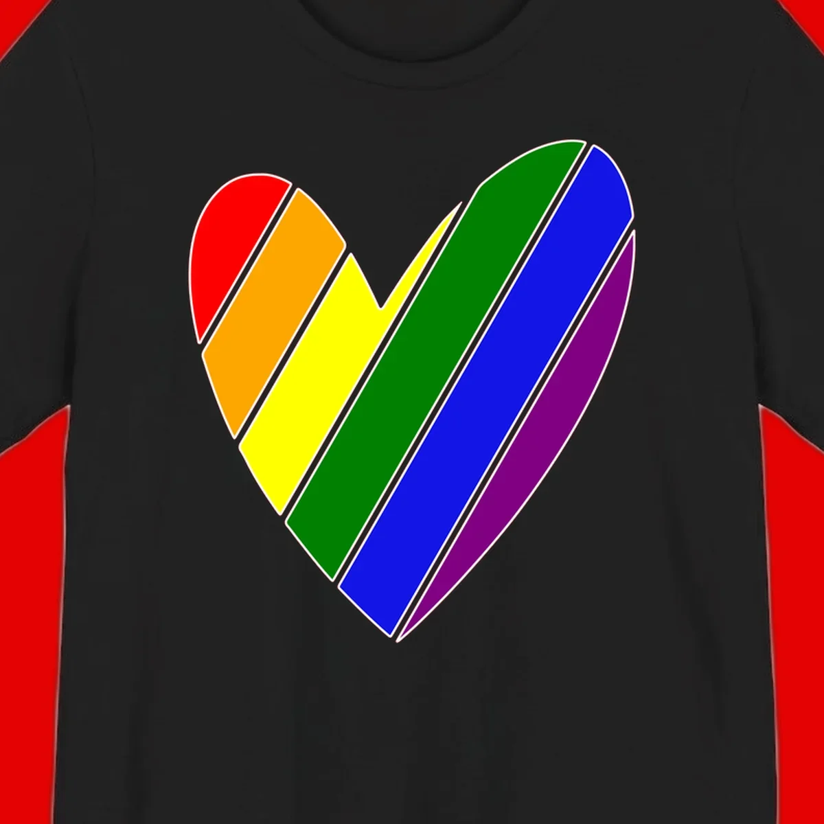 Rainbow pride heart made of diagonal chevron stripes in red, orange, yellow, green, blue, and purple colors with white outlines