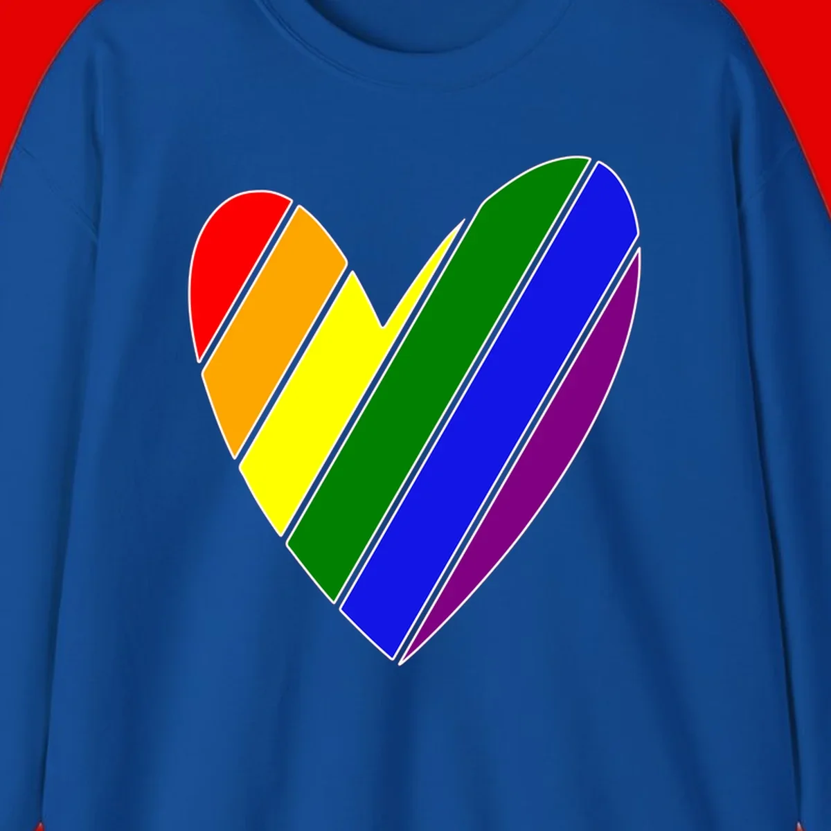 Rainbow pride heart made of diagonal chevron stripes in red, orange, yellow, green, blue, and purple colors with white outlines
