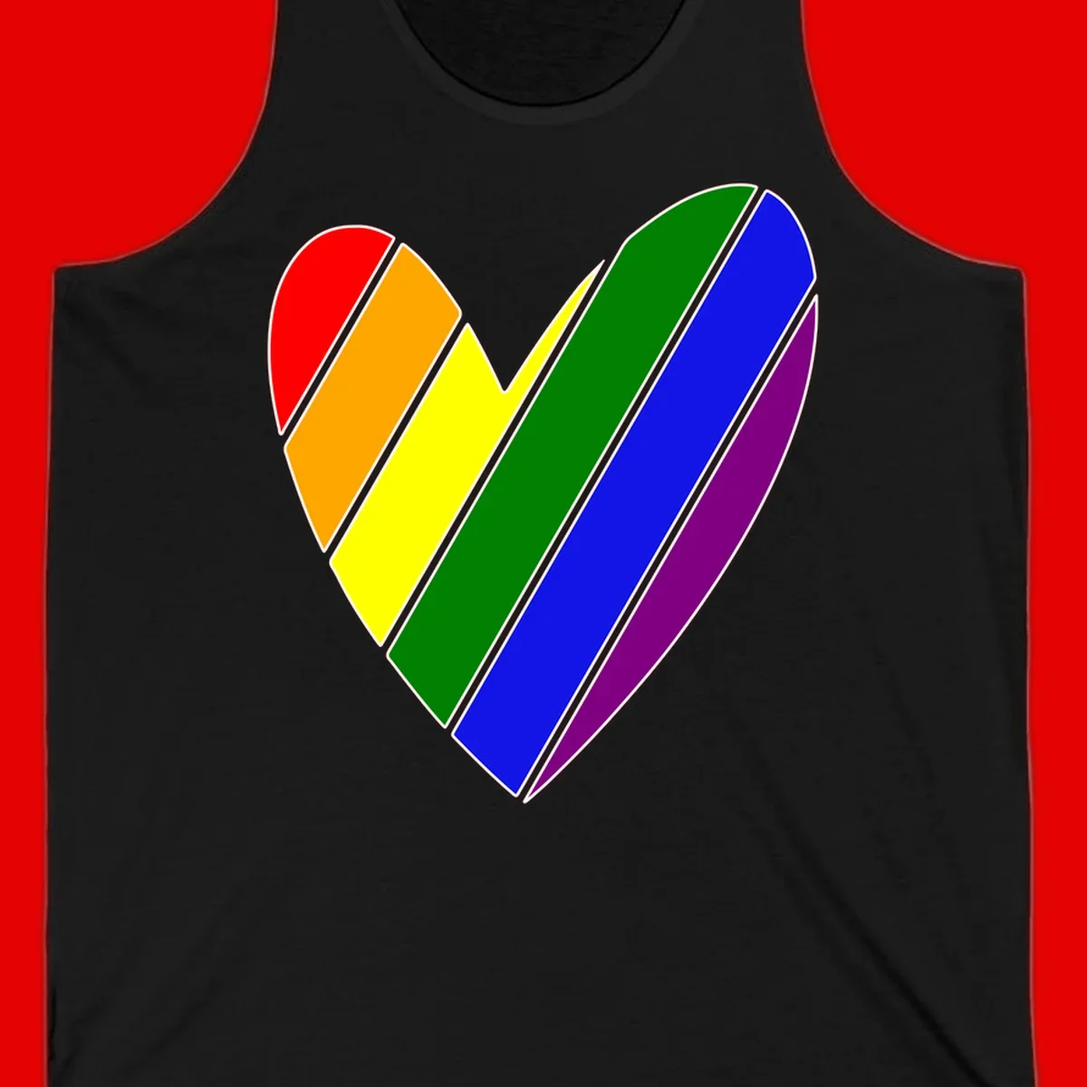 Rainbow pride heart made of diagonal chevron stripes in red, orange, yellow, green, blue, and purple colors with white outlines