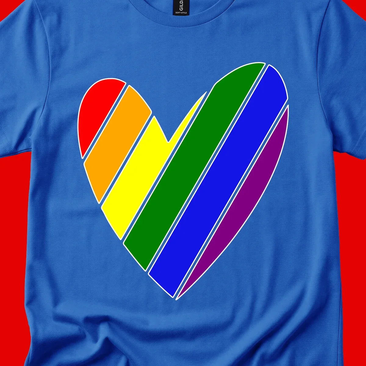Rainbow pride heart made of diagonal chevron stripes in red, orange, yellow, green, blue, and purple colors with white outlines