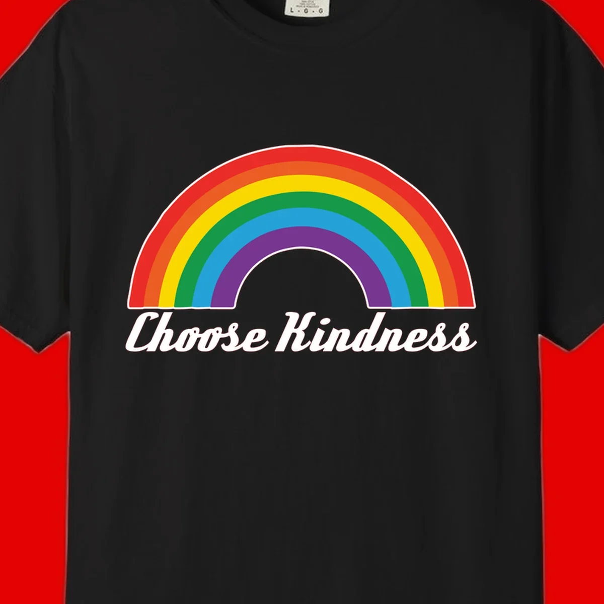 Colorful rainbow arc with 'Choose Kindness' text, promoting inclusivity and compassion