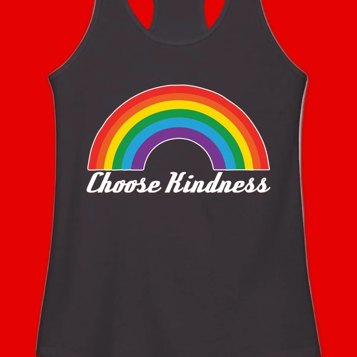 Colorful rainbow arc with 'Choose Kindness' text, promoting inclusivity and compassion