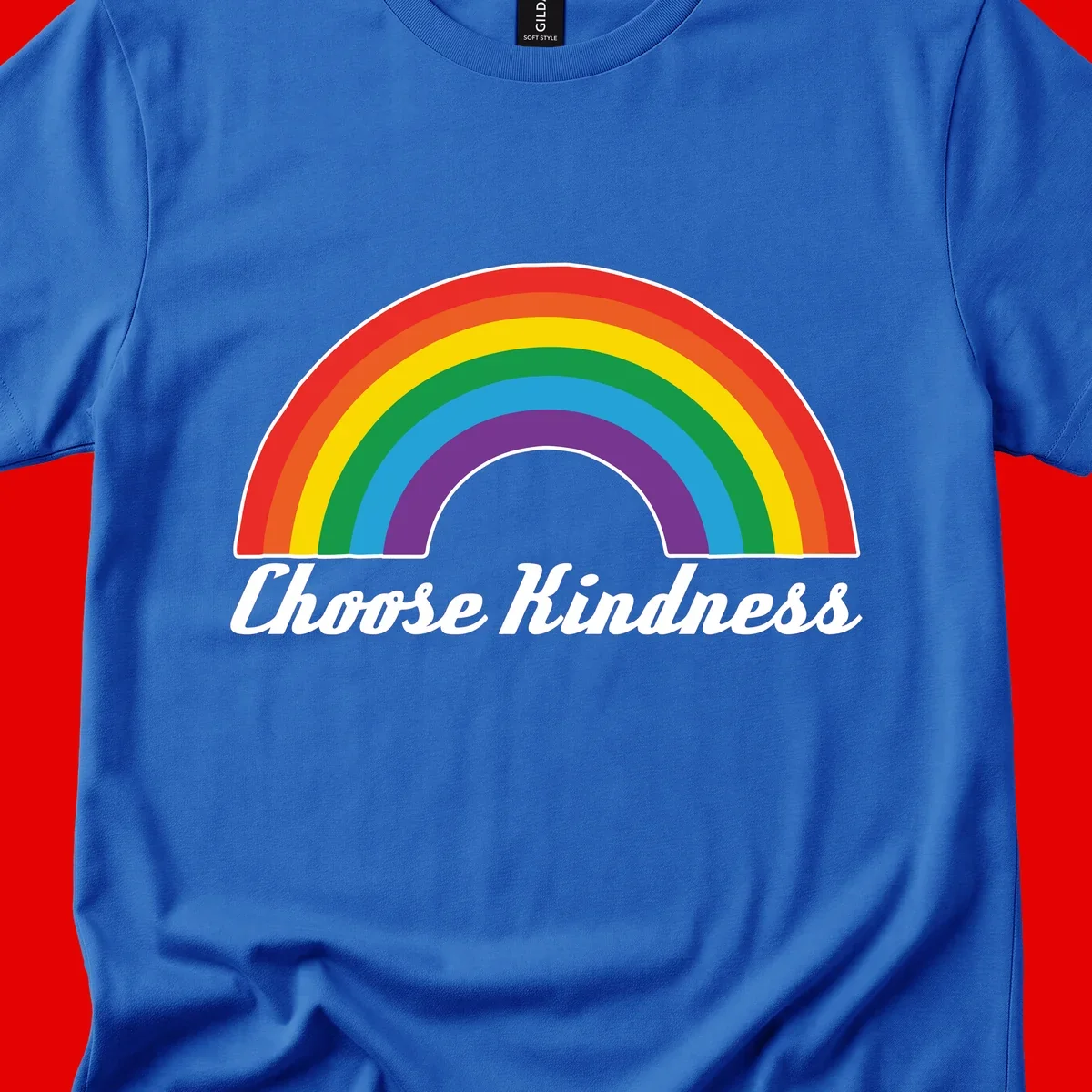 Colorful rainbow arc with 'Choose Kindness' text, promoting inclusivity and compassion