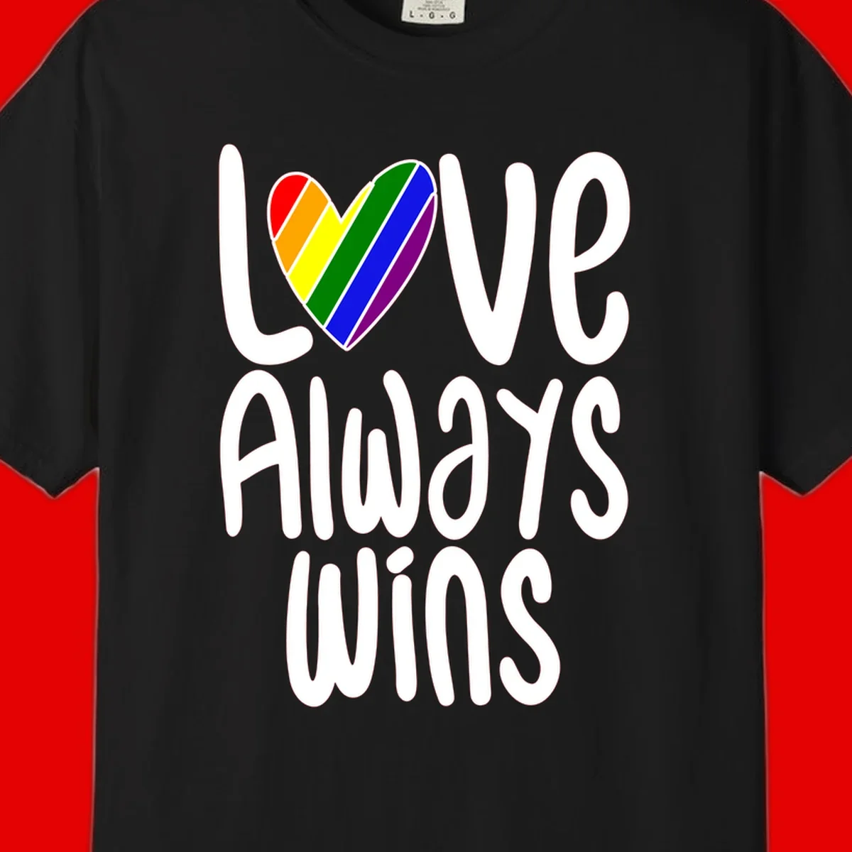Rainbow striped heart with 'Love Always Wins' text - pride-themed design celebrating equality and LGBTQ inclusion
