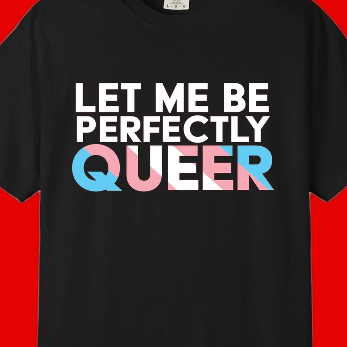 Bold white typography reading 'LET ME BE PERFECTLY QUEER' with pink and blue geometric color blocking on gray background