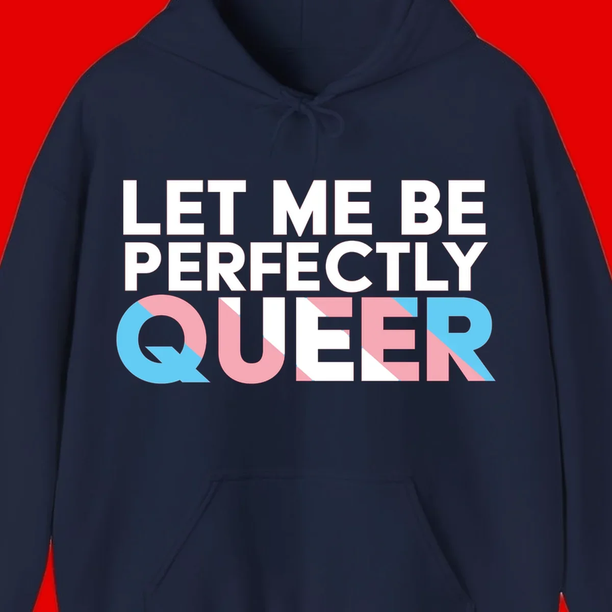 Bold white typography reading 'LET ME BE PERFECTLY QUEER' with pink and blue geometric color blocking on gray background