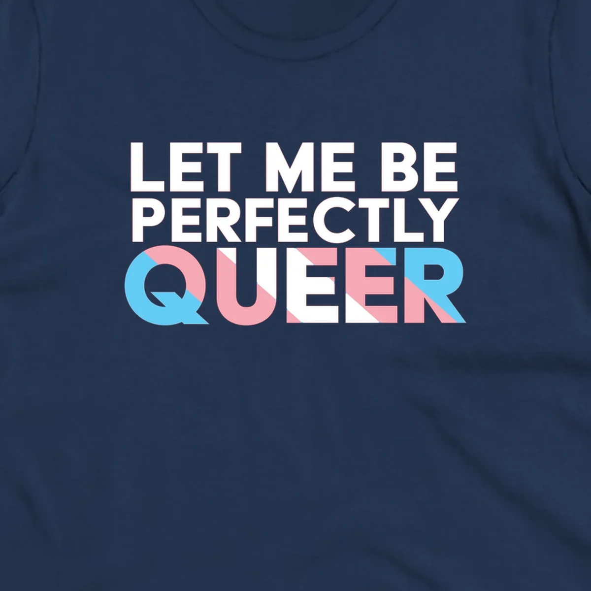 Bold white typography reading 'LET ME BE PERFECTLY QUEER' with pink and blue geometric color blocking on gray background