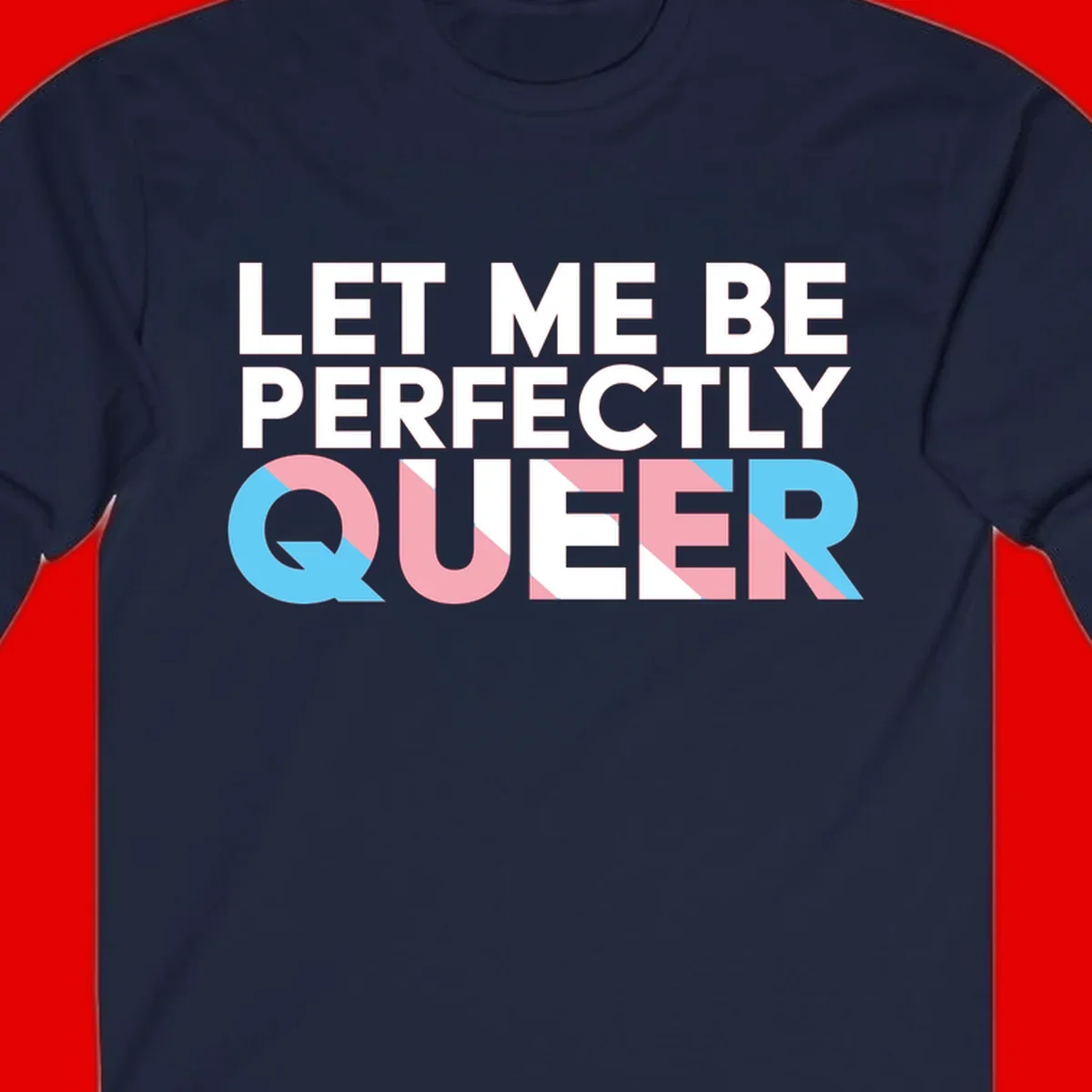 Bold white typography reading 'LET ME BE PERFECTLY QUEER' with pink and blue geometric color blocking on gray background