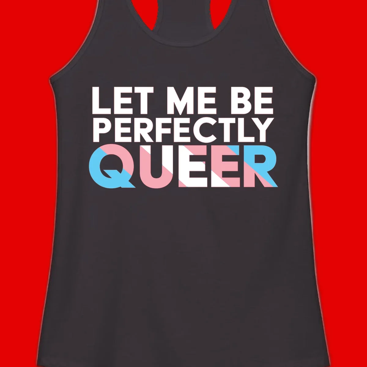 Bold white typography reading 'LET ME BE PERFECTLY QUEER' with pink and blue geometric color blocking on gray background