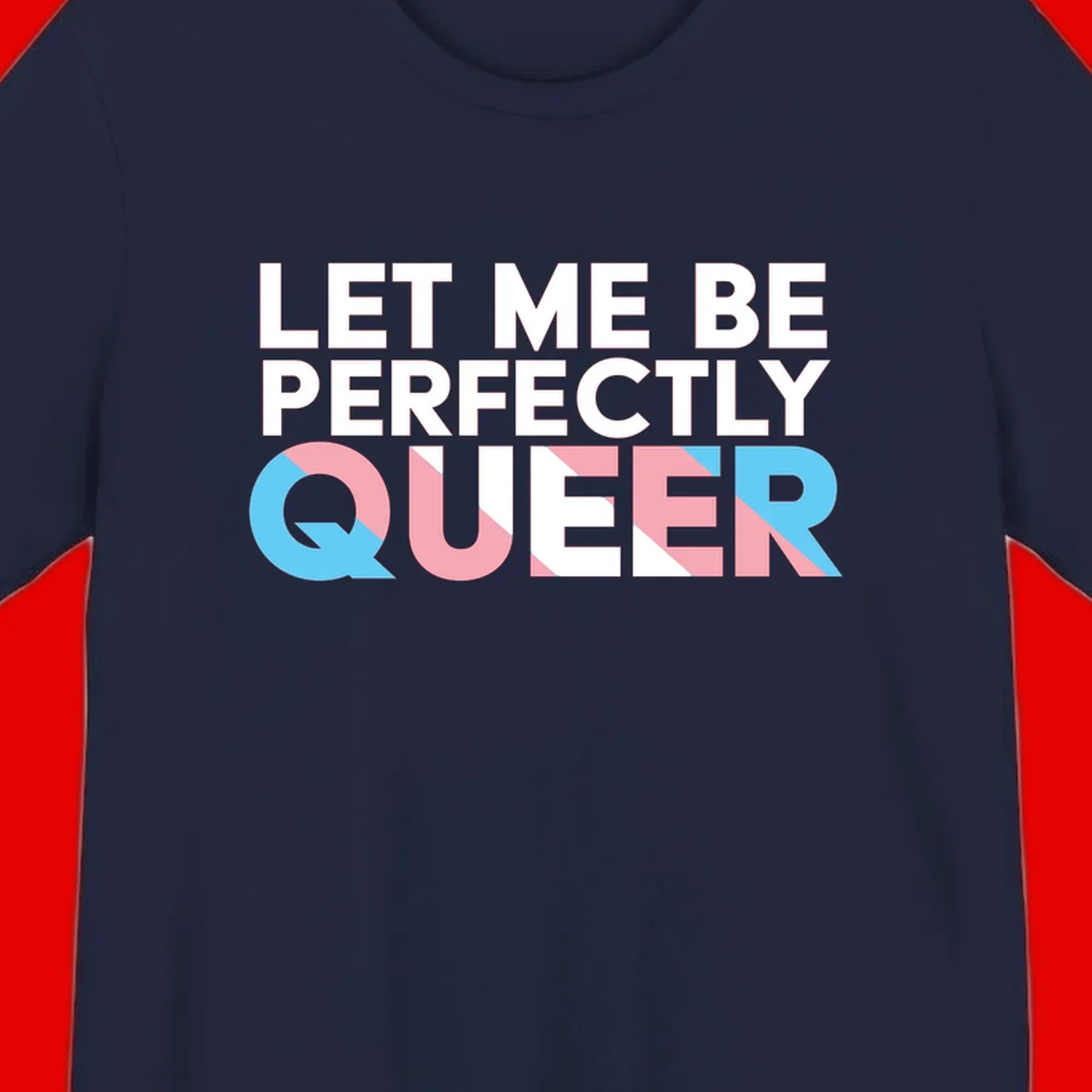 Bold white typography reading 'LET ME BE PERFECTLY QUEER' with pink and blue geometric color blocking on gray background