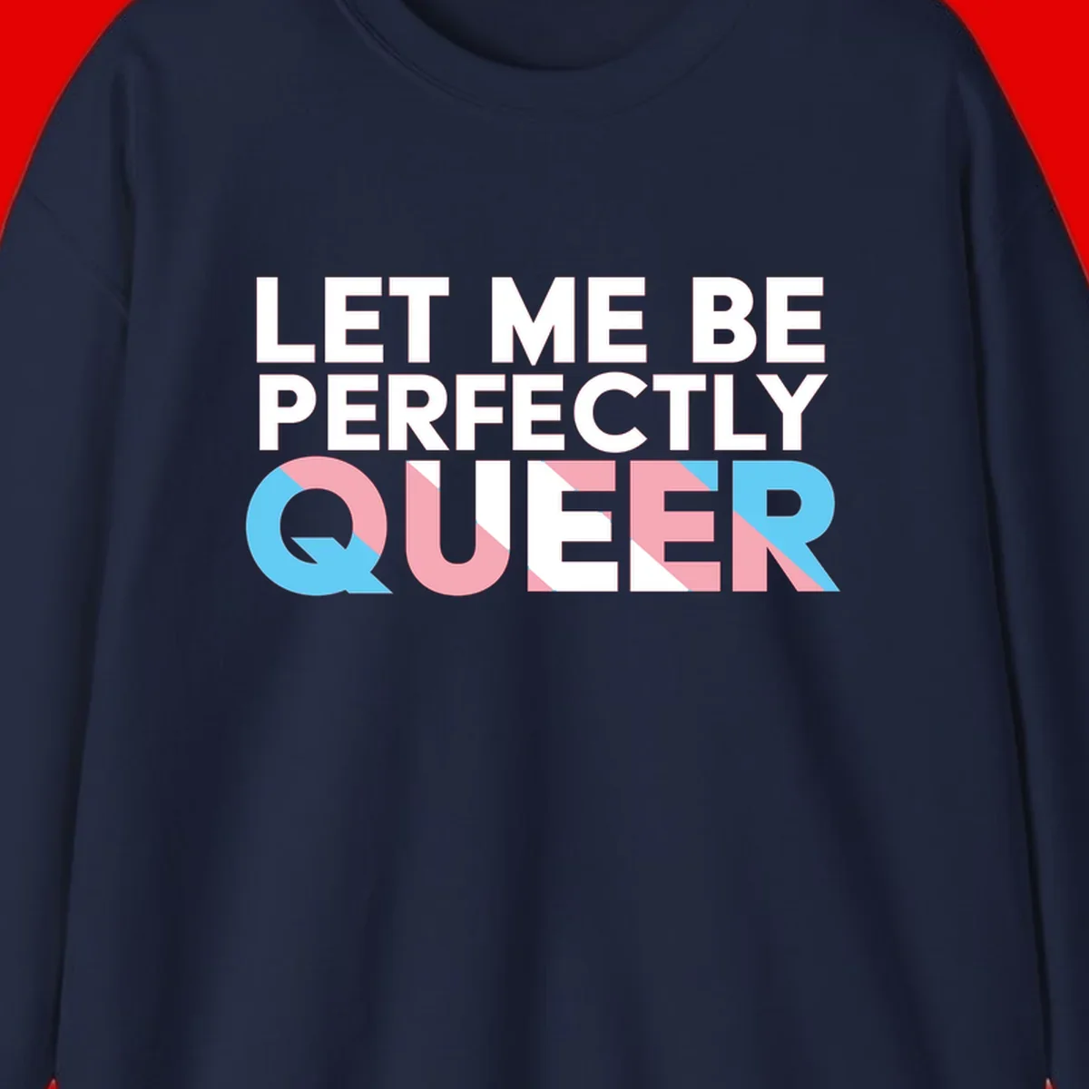 Bold white typography reading 'LET ME BE PERFECTLY QUEER' with pink and blue geometric color blocking on gray background
