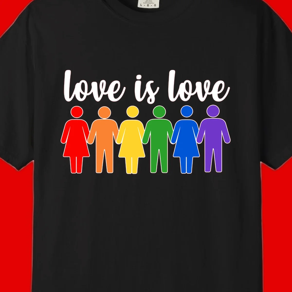 Six colorful figures holding hands in rainbow pride colors with 'love is love' text