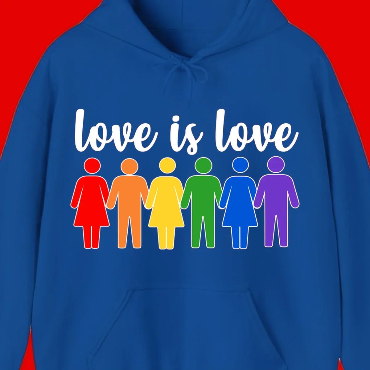 Six colorful figures holding hands in rainbow pride colors with 'love is love' text