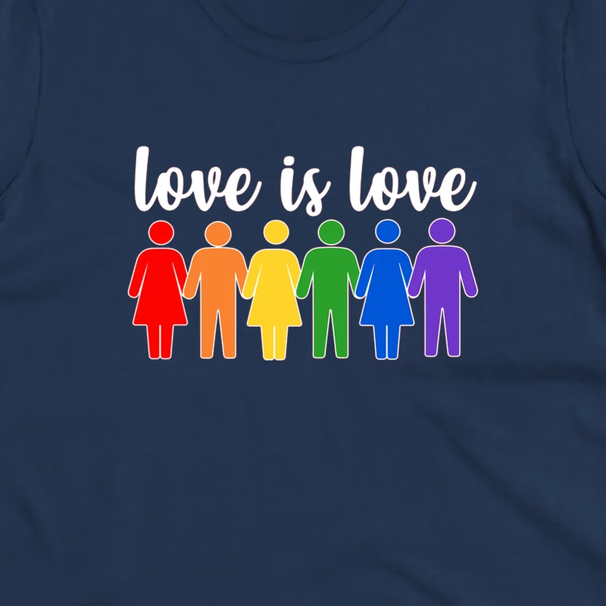 Six colorful figures holding hands in rainbow pride colors with 'love is love' text
