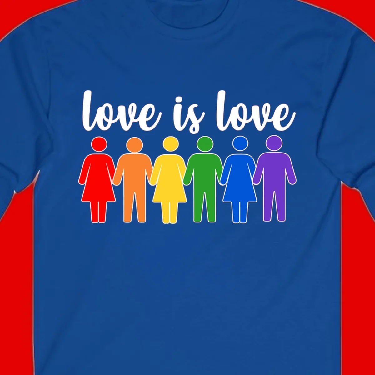Six colorful figures holding hands in rainbow pride colors with 'love is love' text