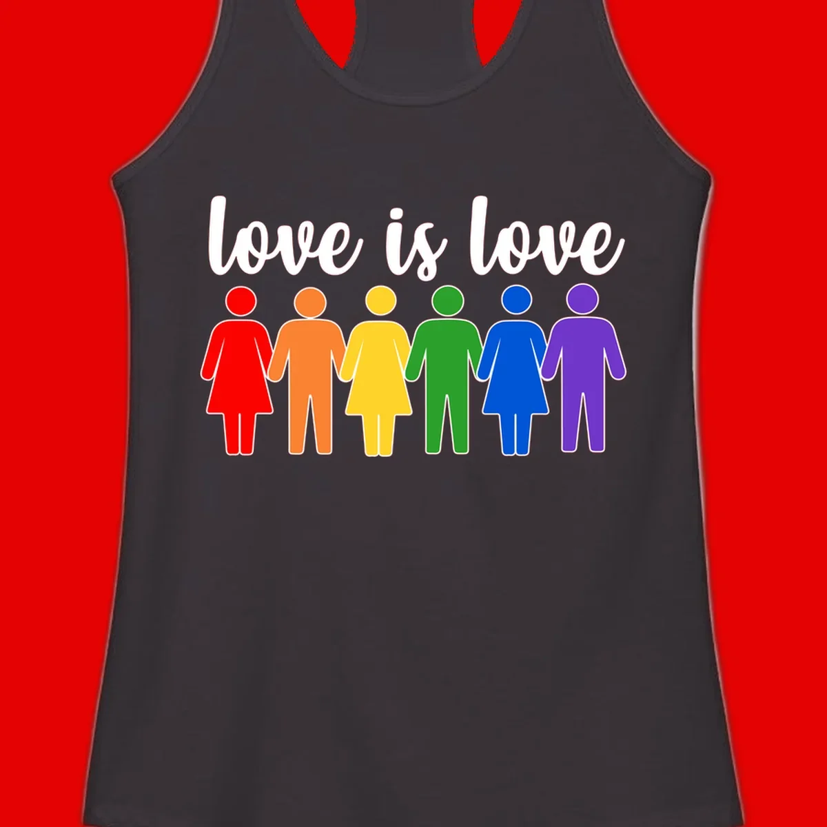Six colorful figures holding hands in rainbow pride colors with 'love is love' text