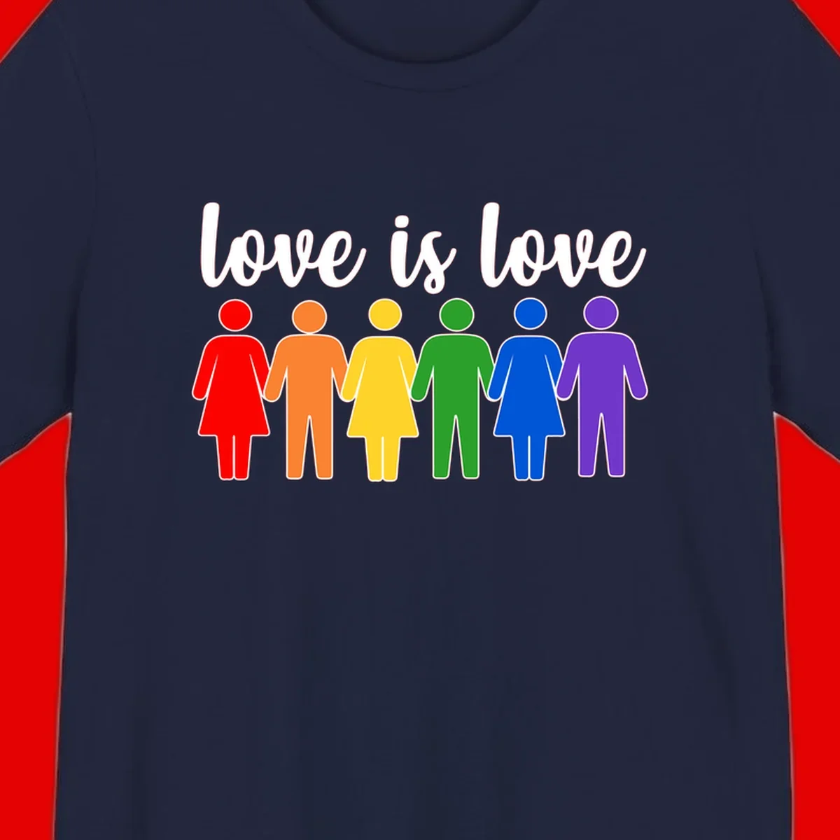 Six colorful figures holding hands in rainbow pride colors with 'love is love' text