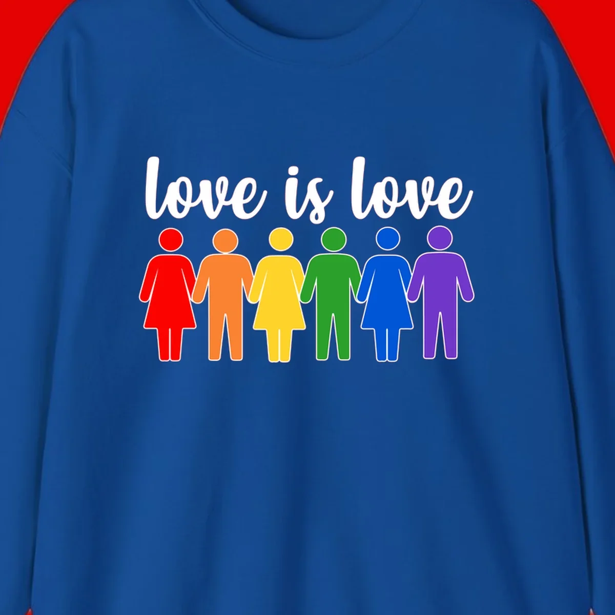 Six colorful figures holding hands in rainbow pride colors with 'love is love' text