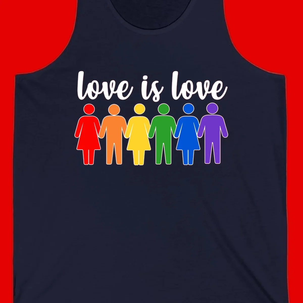 Six colorful figures holding hands in rainbow pride colors with 'love is love' text