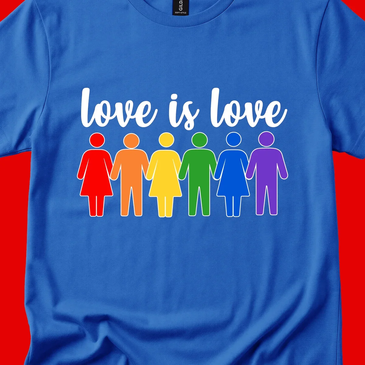 Six colorful figures holding hands in rainbow pride colors with 'love is love' text
