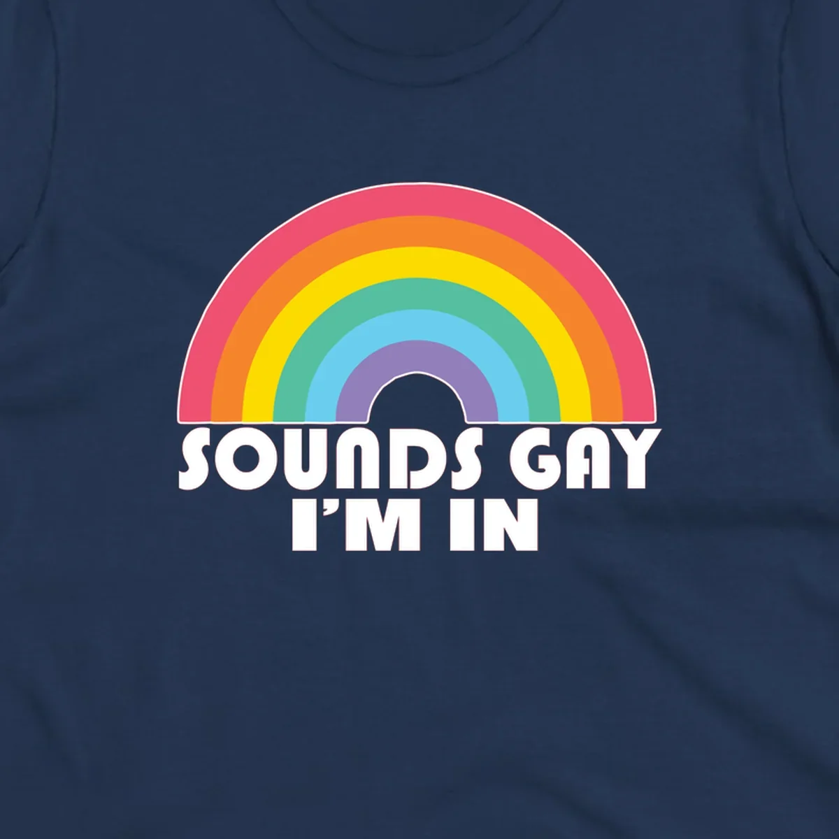 Colorful concentric rainbow arc above white text reading 'Sounds Gay I'm In' on gray background