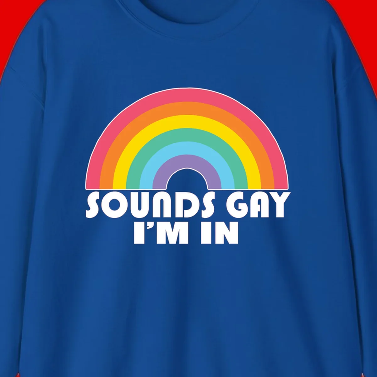 Colorful concentric rainbow arc above white text reading 'Sounds Gay I'm In' on gray background