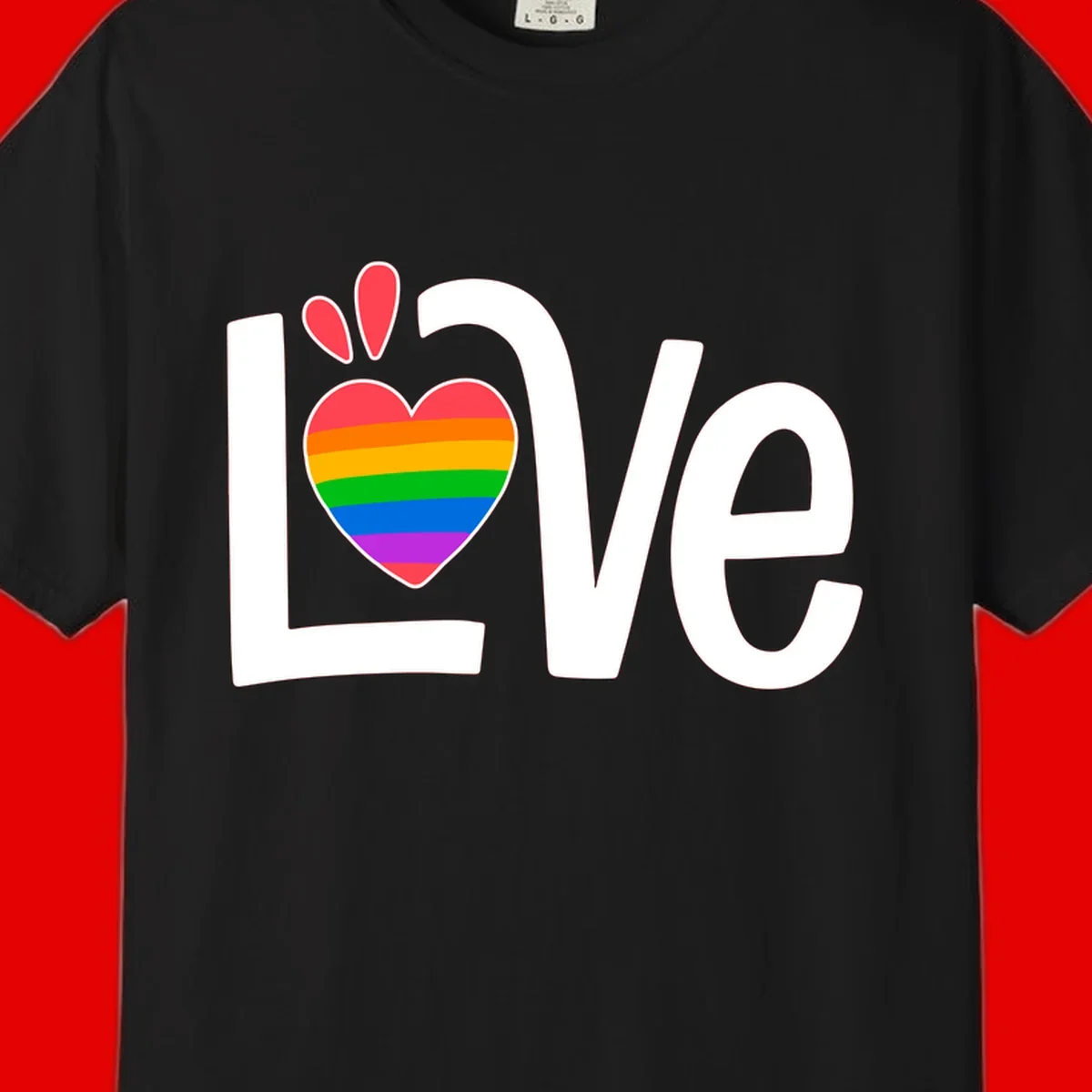 Love pride paw print design with rainbow-striped heart and white lettering on gray background